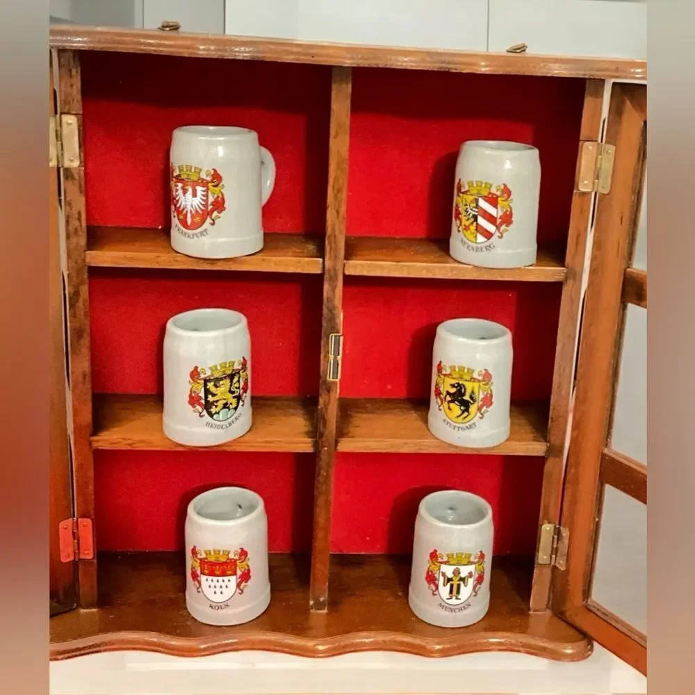 Rare Collectible 6 German Mini Beer Mugs/Steins in a Wooden Display Case